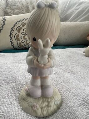Precious Moments Figurine Girl with Bunny in White and Pink